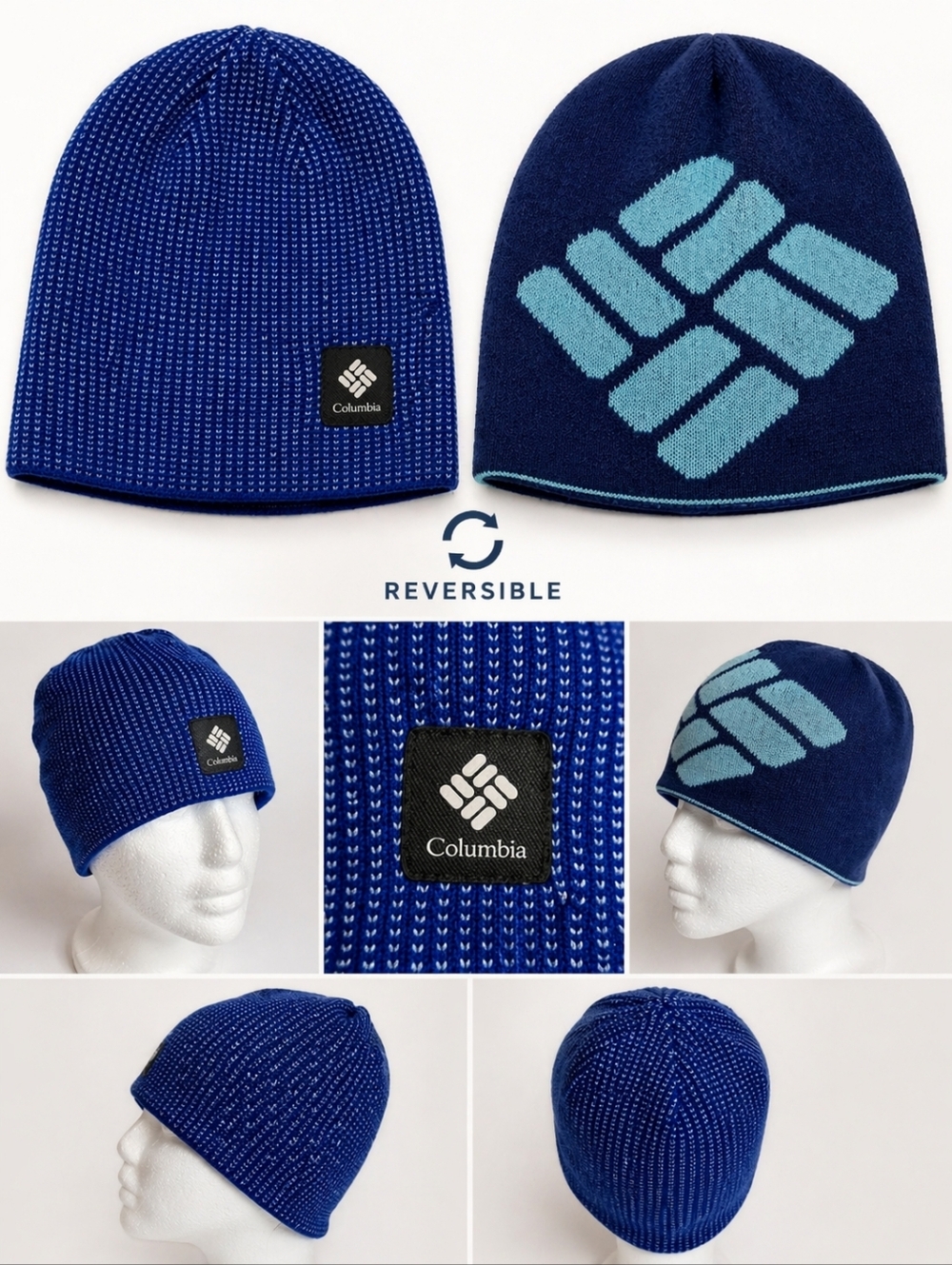 Columbia Reversible Knit Beanie Blue Winter Hat Logo OS Unisex